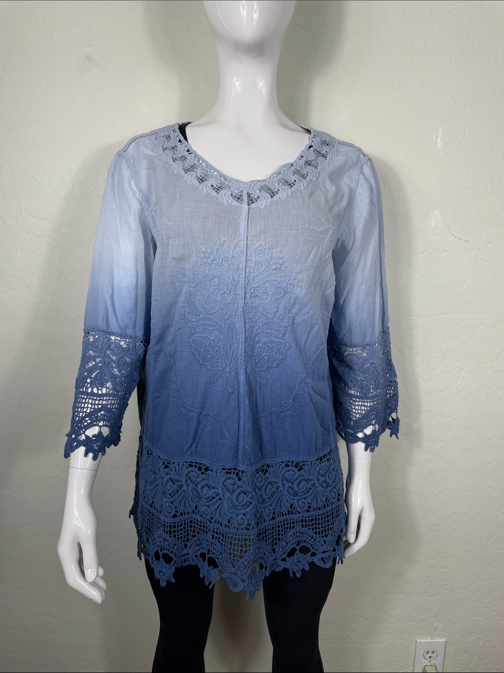 Chico's Blue Ombre Crochet-Hem Peasant Tunic